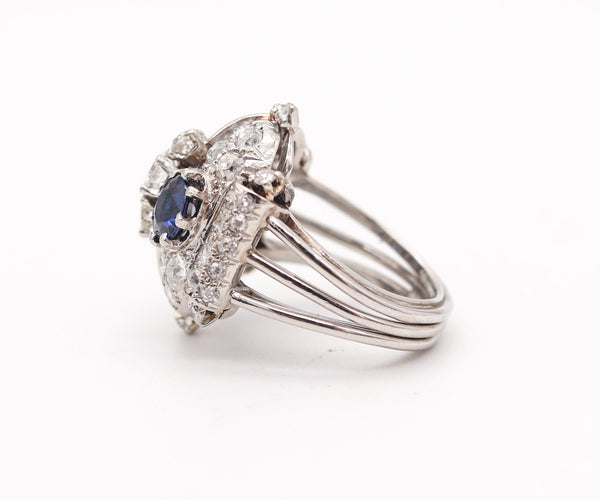 FRENCH 1925 Art-Deco Platinum Cocktail Ring With 4.88 Ctw Sapphires & Diamonds