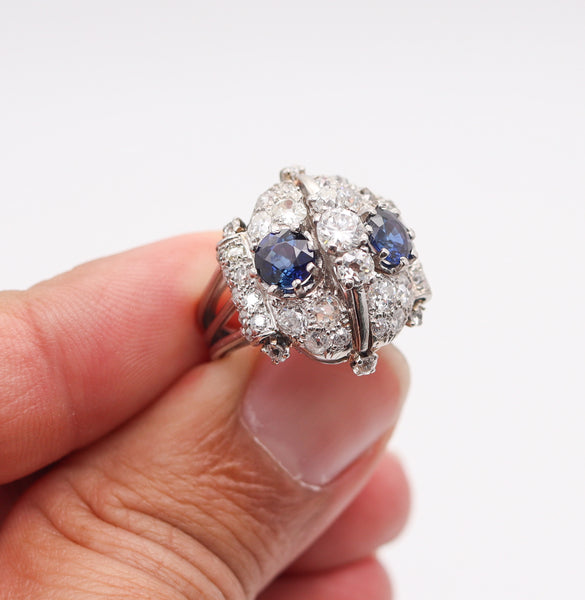 FRENCH 1925 Art-Deco Platinum Cocktail Ring With 4.88 Ctw Sapphires & Diamonds