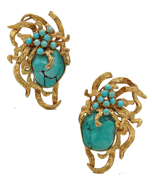 -Retro Modern 1960 Italian Free Form Earrings In 18Kt Yellow Gold With Turquoises