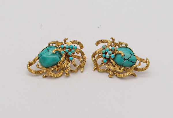 -Retro Modern 1960 Italian Free Form Earrings In 18Kt Yellow Gold With Turquoises
