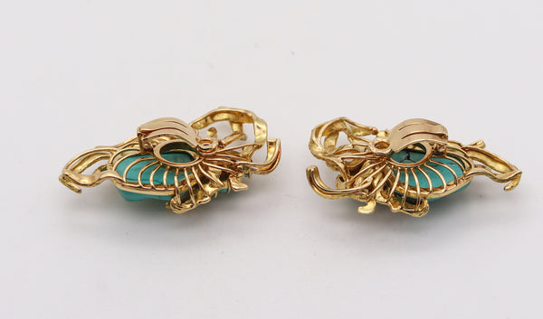 -Retro Modern 1960 Italian Free Form Earrings In 18Kt Yellow Gold With Turquoises