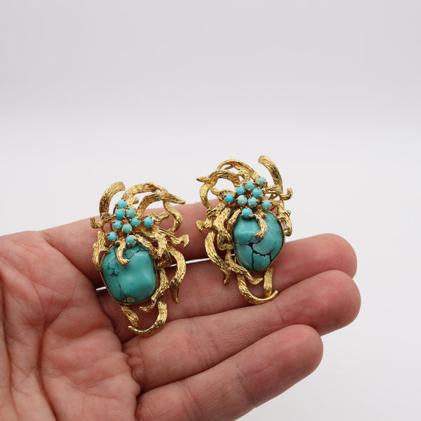 -Retro Modern 1960 Italian Free Form Earrings In 18Kt Yellow Gold With Turquoises