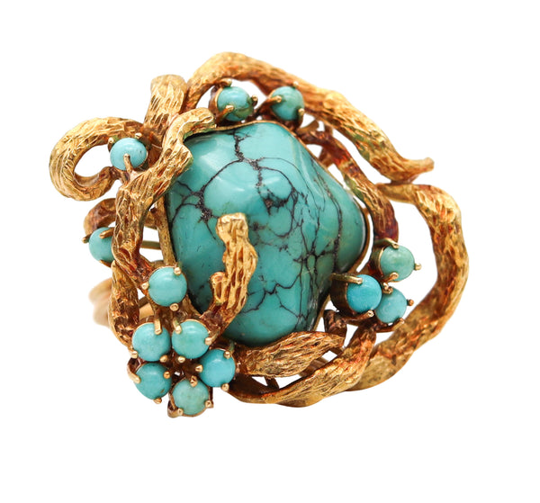 -Retro Modern 1960  Italian Free Form Cocktail Ring In 18Kt Gold With Turquoises