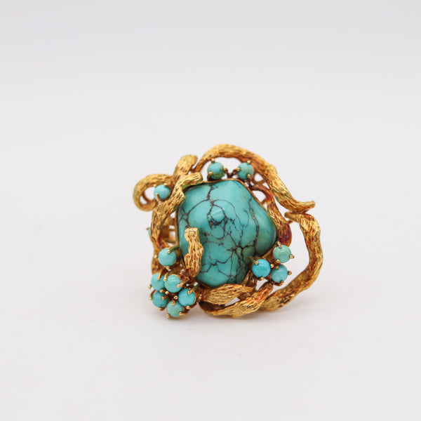 -Retro Modern 1960  Italian Free Form Cocktail Ring In 18Kt Gold With Turquoises