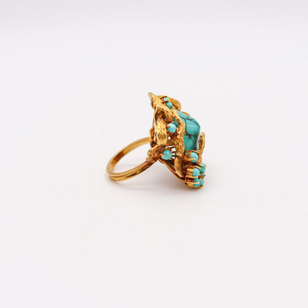 -Retro Modern 1960  Italian Free Form Cocktail Ring In 18Kt Gold With Turquoises