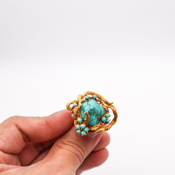 -Retro Modern 1960  Italian Free Form Cocktail Ring In 18Kt Gold With Turquoises