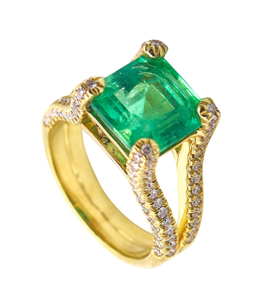 GIA CERTIFIED Cocktail Ring In 18Kt Gold With 6.58 Ctw In Emerald & Diamonds