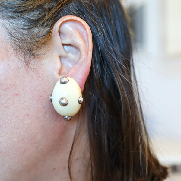 PATRICIA VON MUSULIN 1970 Modernist Clips-On Earrings Carved Ivory & .925 Sterling