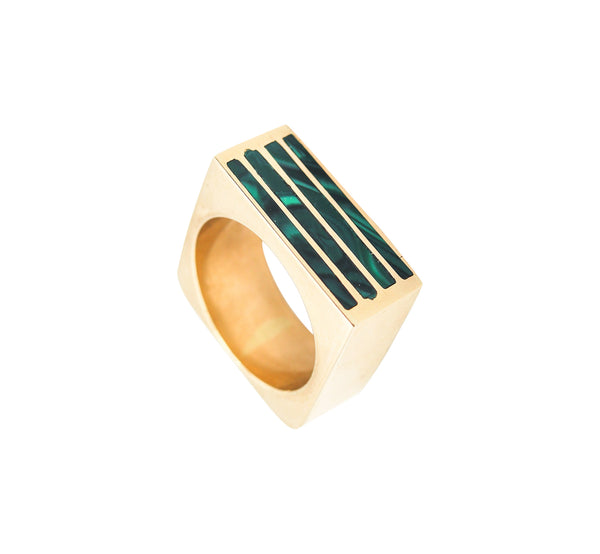-Geometric 1970 Modernist Square Ring In 18Kt Yellow Gold With Inlaid Malachite
