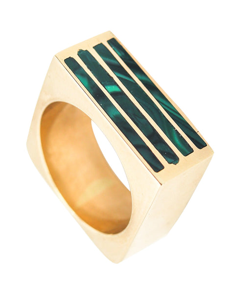-Geometric 1970 Modernist Square Ring In 18Kt Yellow Gold With Inlaid Malachite