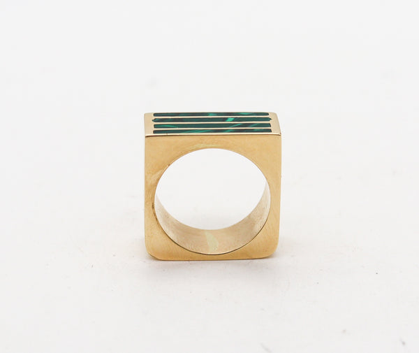 -Geometric 1970 Modernist Square Ring In 18Kt Yellow Gold With Inlaid Malachite