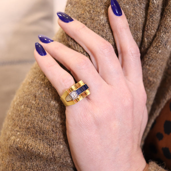 -Deco Retro 1935 Tank Chevalier Ring In 18Kt Gold Platinum Diamond And Sapphires