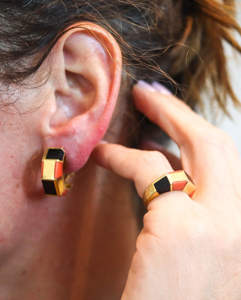 OCTAVIO SARDA Spanish Modernist Earrings-Ring Set In 18Kt Gold With Coral & Onyx