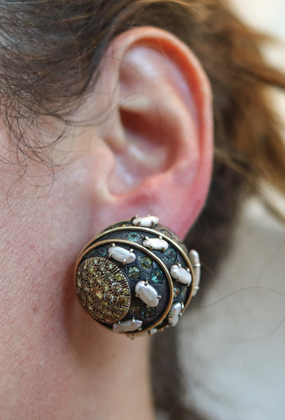 MARILYN COOPERMAN Earrings In 18Kt Gold Oxidized Sterling Sapphires & Pearls