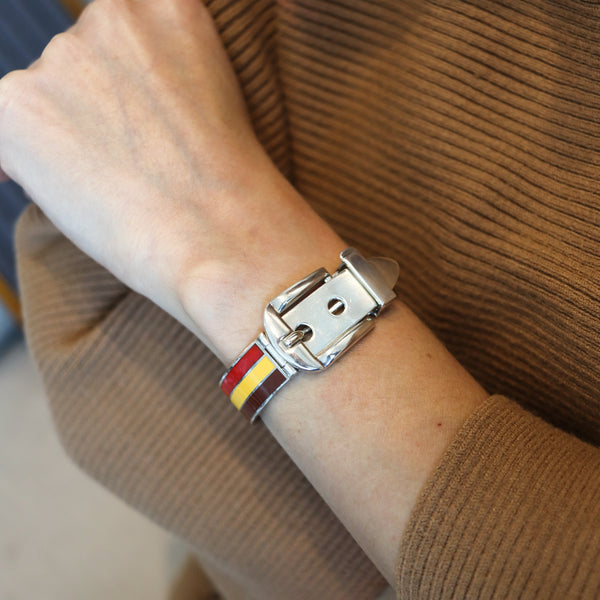 GUCCI 1970 Milano Vintage Buckle Bracelet In .925 Sterling Silver With Enamel