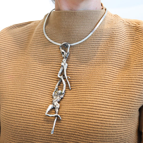 E. SILVERT 1960 Modernist Acrobats Sculptural Necklace In .925 Sterling Silver