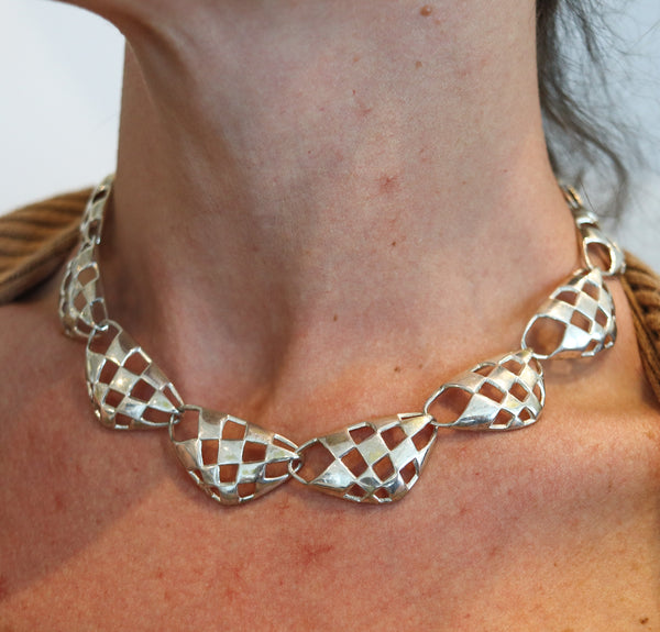 ANGELA CUMMINGS 1987 Studio Geometric Sculptural Necklace In .925 Sterling Silver
