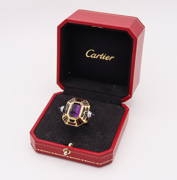 CARTIER Paris Art Deco Enameled Cocktail Ring 18Kt Gold With Diamonds & Gemstones