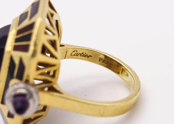 CARTIER Paris Art Deco Enameled Cocktail Ring 18Kt Gold With Diamonds & Gemstones