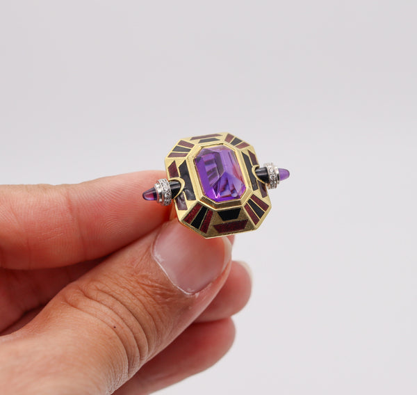 CARTIER Paris Art Deco Enameled Cocktail Ring 18Kt Gold With Diamonds & Gemstones