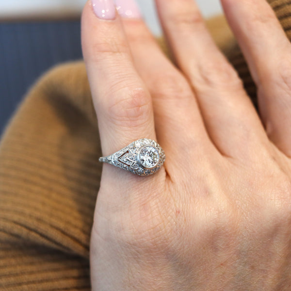 LAMBERT BROTHERS 1925 Art Deco Ring In Platinum With European Cut Diamonds