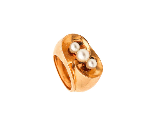 RAYMOND TEMPLIER 1960 Sculptural Ring In 18Kt Yellow Gold With Natural Pearls