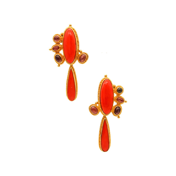 -Luna Felix Dangle Drop Earrings In 22Kt Gold With 32 Ctw In Coral And Tourmalines