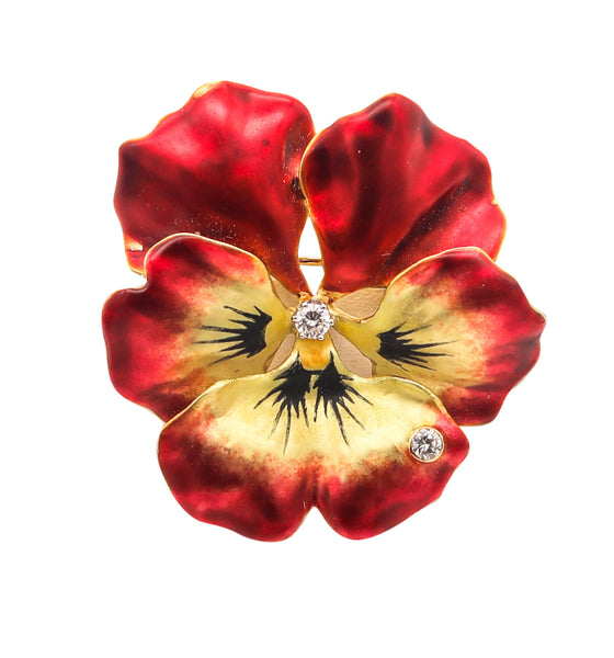 -Art Nouveau 1910 Red Enamel Orchid Brooch In 18Kt Yellow Gold With Diamonds