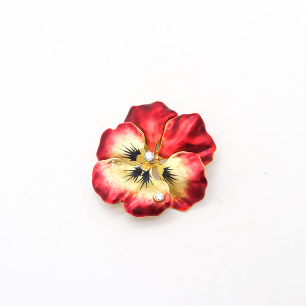 -Art Nouveau 1910 Red Enamel Orchid Brooch In 18Kt Yellow Gold With Diamonds