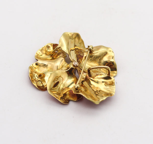 -Art Nouveau 1910 Red Enamel Orchid Brooch In 18Kt Yellow Gold With Diamonds