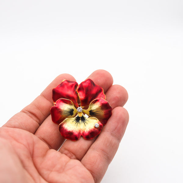 -Art Nouveau 1910 Red Enamel Orchid Brooch In 18Kt Yellow Gold With Diamonds
