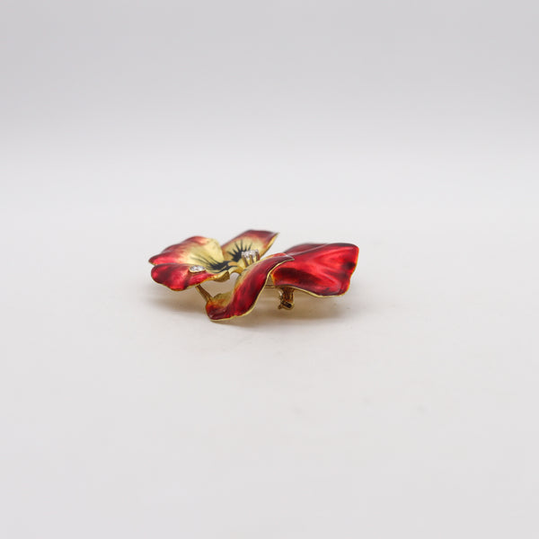 -Art Nouveau 1910 Red Enamel Orchid Brooch In 18Kt Yellow Gold With Diamonds