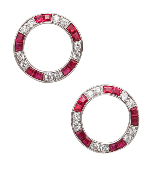 -Raymond Yard 1935 Art Deco Earrings In Platinum With 3.09 Ctw Rubies Diamonds