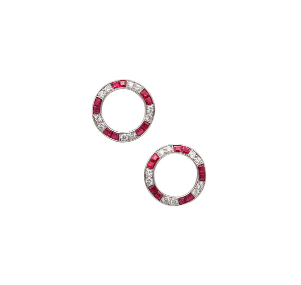 -Raymond Yard 1935 Art Deco Earrings In Platinum With 3.09 Ctw Rubies Diamonds
