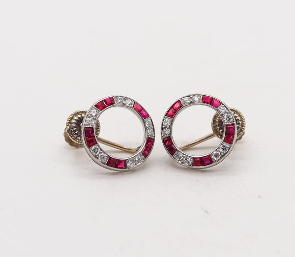-Raymond Yard 1935 Art Deco Earrings In Platinum With 3.09 Ctw Rubies Diamonds