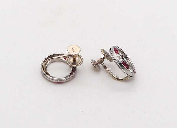 -Raymond Yard 1935 Art Deco Earrings In Platinum With 3.09 Ctw Rubies Diamonds