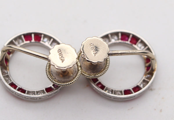 -Raymond Yard 1935 Art Deco Earrings In Platinum With 3.09 Ctw Rubies Diamonds