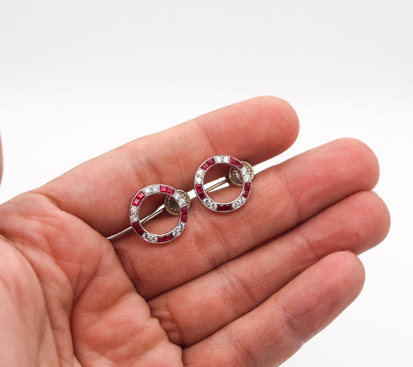 -Raymond Yard 1935 Art Deco Earrings In Platinum With 3.09 Ctw Rubies Diamonds
