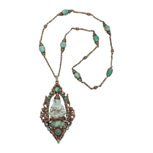 -Austrian Hungarian 1910 Buddha Pendant Sautoir In Gilded Sterling With Turquoises
