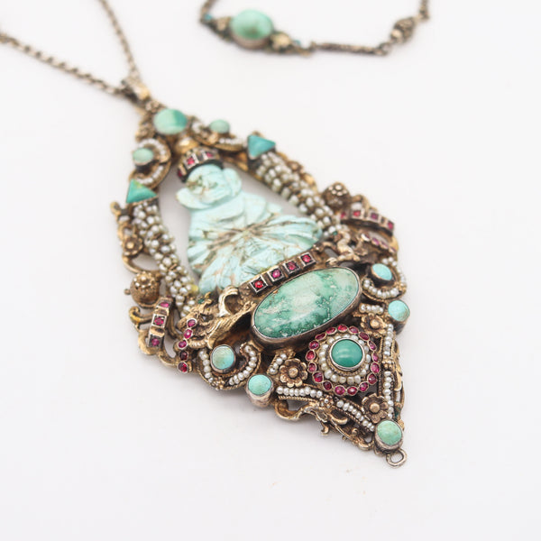 -Austrian Hungarian 1910 Buddha Pendant Sautoir In Gilded Sterling With Turquoises