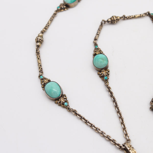 -Austrian Hungarian 1910 Buddha Pendant Sautoir In Gilded Sterling With Turquoises