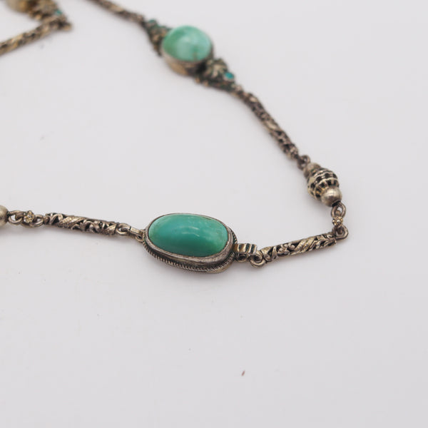 -Austrian Hungarian 1910 Buddha Pendant Sautoir In Gilded Sterling With Turquoises