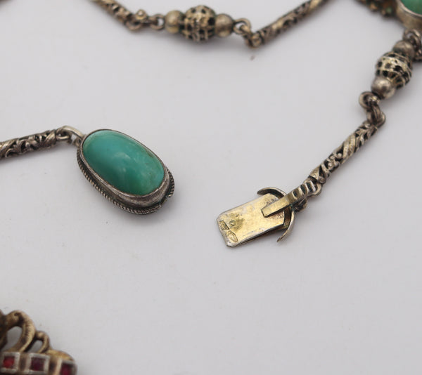 -Austrian Hungarian 1910 Buddha Pendant Sautoir In Gilded Sterling With Turquoises