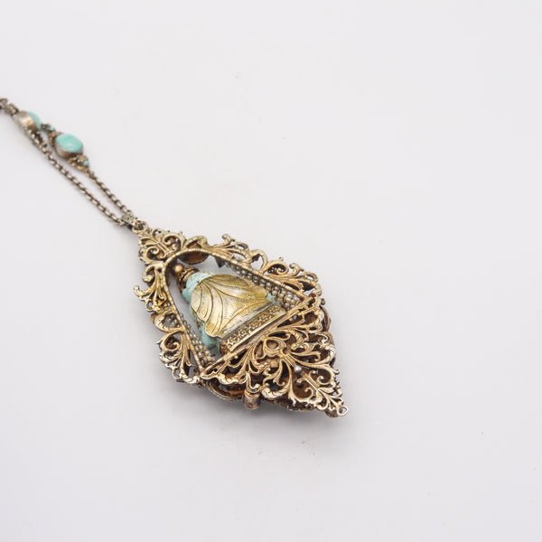 -Austrian Hungarian 1910 Buddha Pendant Sautoir In Gilded Sterling With Turquoises