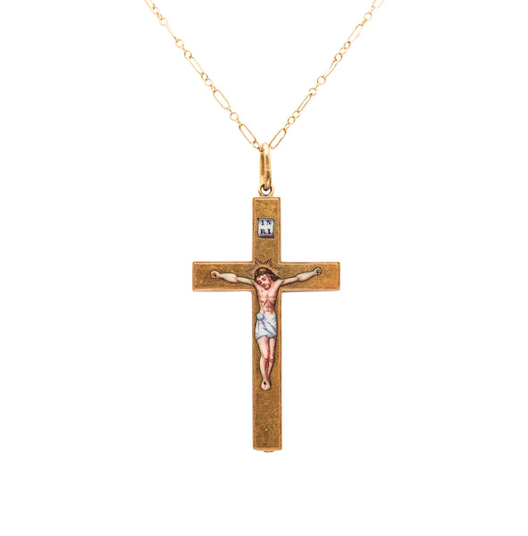 BYZANTINE REVIVAL 1850 Enameled Polychrome Cross In 18Kt Yellow Gold