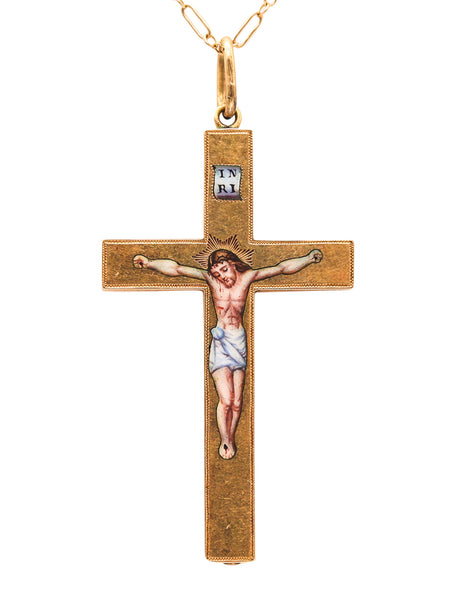 BYZANTINE REVIVAL 1850 Enameled Polychrome Cross In 18Kt Yellow Gold