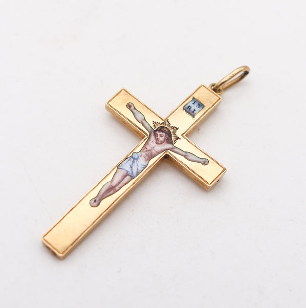 BYZANTINE REVIVAL 1850 Enameled Polychrome Cross In 18Kt Yellow Gold