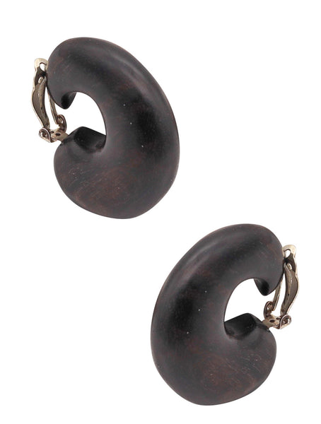 CATHERINE NOLL 1970 French Clips-On Earring Sculpted In Wood & .925 Sterling Silver