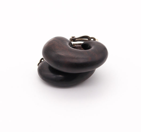 CATHERINE NOLL 1970 French Clips-On Earring Sculpted In Wood & .925 Sterling Silver