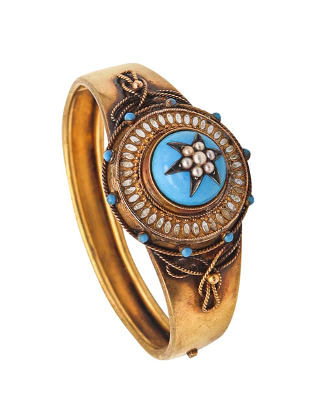 -Victorian 1870 Etruscan Revival Celestial Star Bangle Bracelet In 15Kt Gold With Pearls